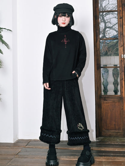 Black High-Waisted Wide-Leg Pants with Pony Embroidery & Fur Hem - Quirky Hut