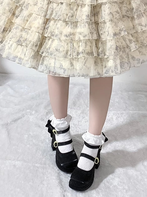 Janes Abnehmbare Lily Valley Middle Heels Mary Bowknot der Stickerei die Schwarz