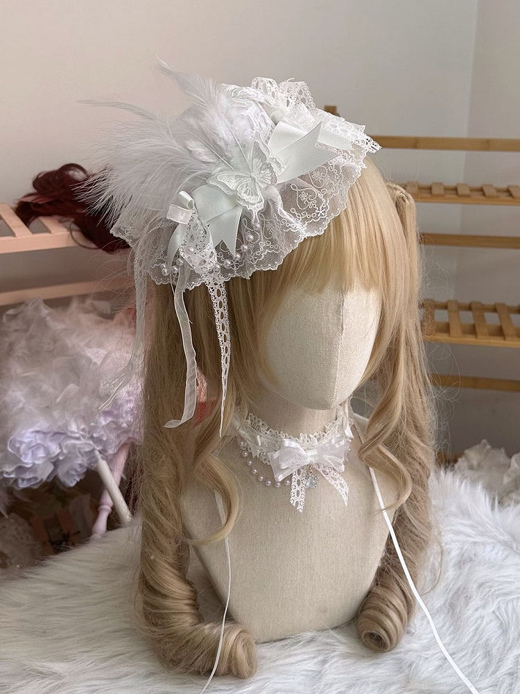 White/Black Lace Embellishment Hat Mini Butterfly with and Feather