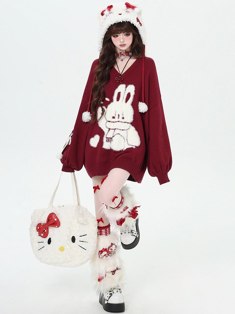 Black Cute Bunny V-neck Loose Sweater Lace-up Detail at Sleeves