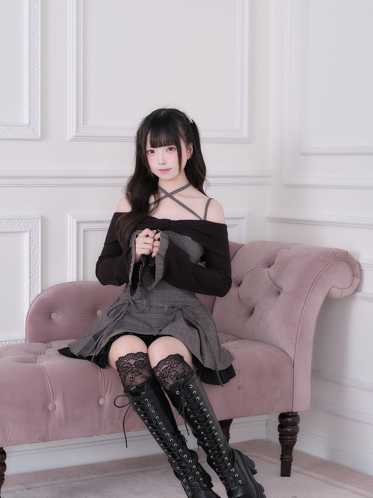 Jirai Set Crisscross Skirt Top Plaid + Off-Shoulder Gray Design Black Bow Long Ruffled With Sleeve Strap Kei