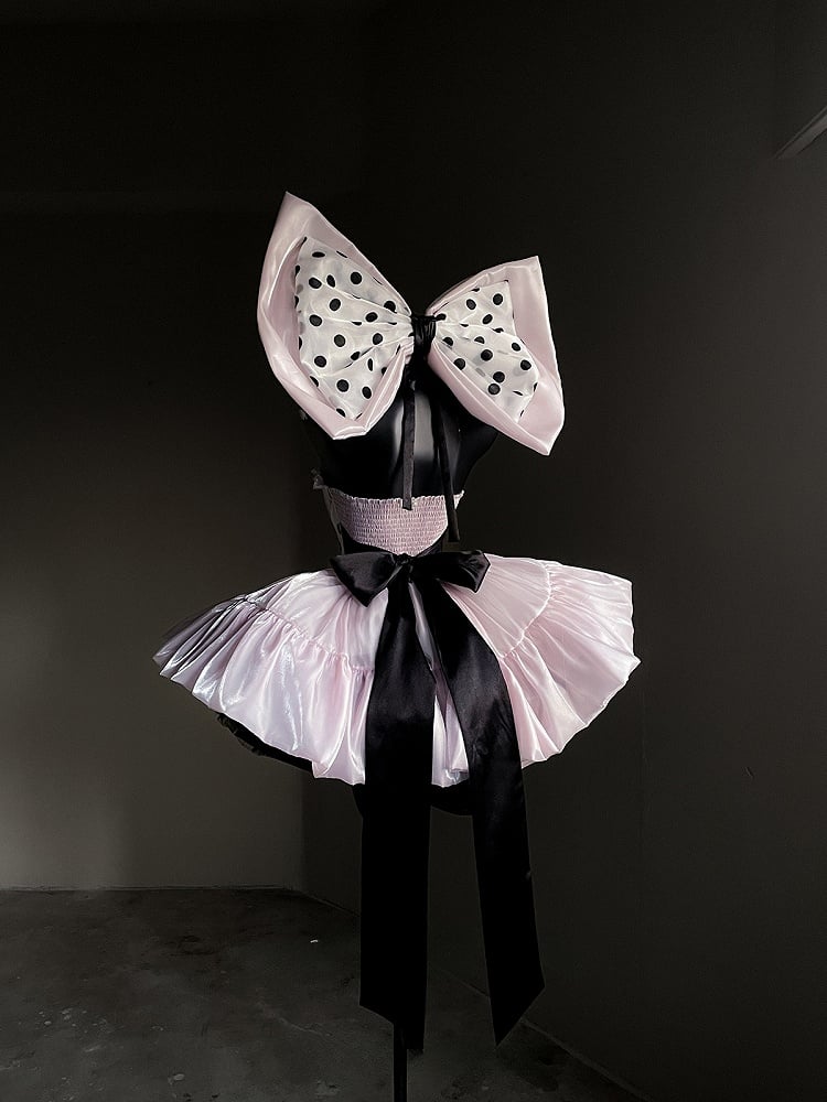 Satin Off-the-Shoulder Dress with and Large Bow Detail Dot Pink Princess Balletcore Polka