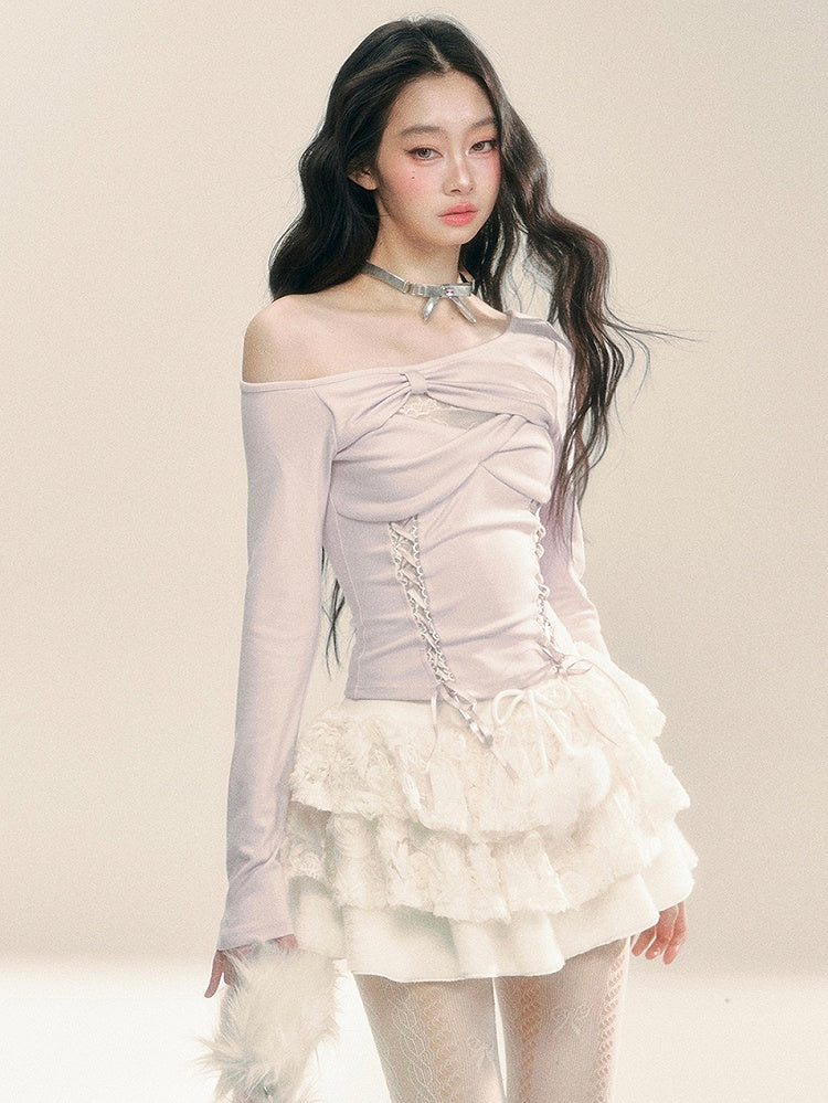 ライトパープルのカットアウトデザイン レースアップ ニットトップス