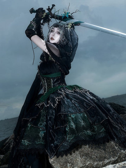 Black & Green Bone Dragon Embroidery Halter Neck Gothic Lolita Dress Set - Ying Luo Fu