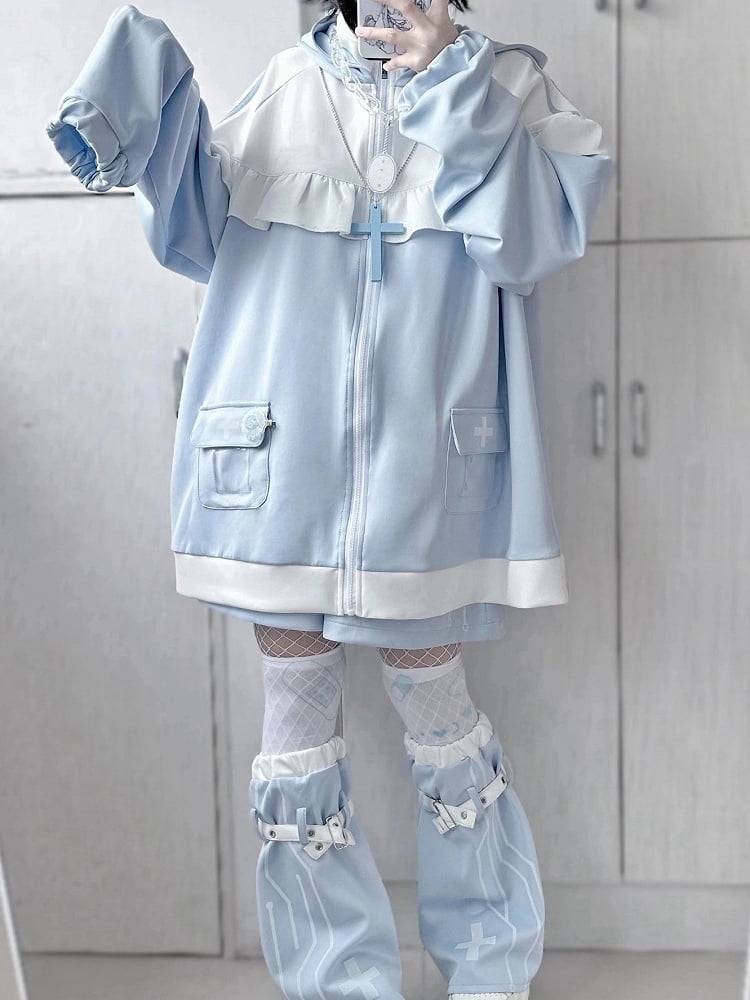 Tenshi Kaiwai Light Blue Yami Kawaii Cross Cat Ear Hoodie Shorts Set