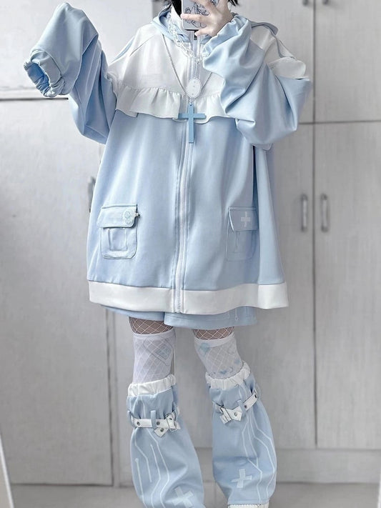 Tenshi Kaiwai Light Blue Yami Kawaii Cross Cat Ear Hoodie