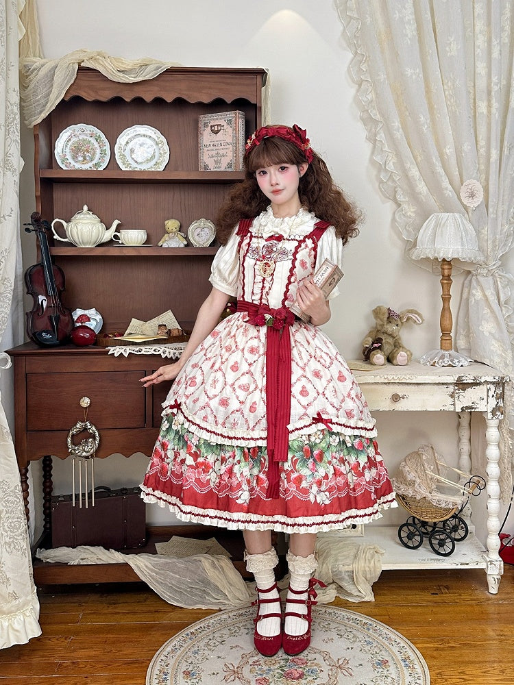 Strawberry Garden Red & White Floral Printed Lolita JSK Gown - Currant