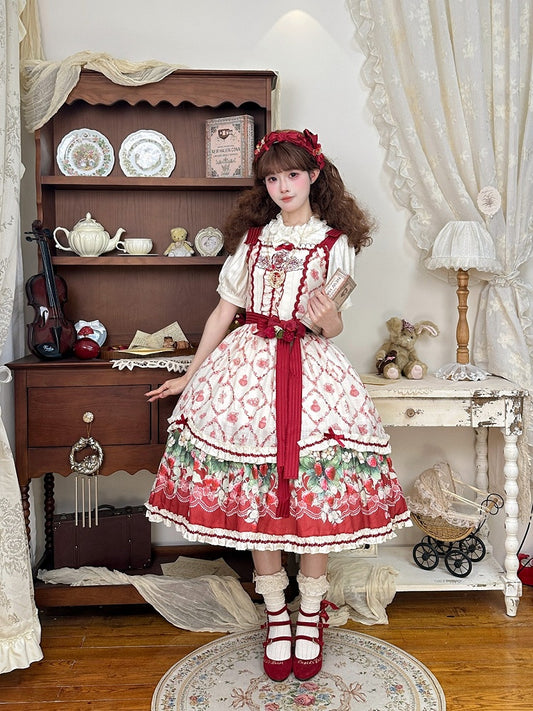 Strawberry Garden Red & White Floral Printed Lolita JSK Gown - Currant