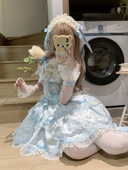 Blue Lolita Bow JSK Jacquard Apricot Doll-Style Lace Dress Floral with