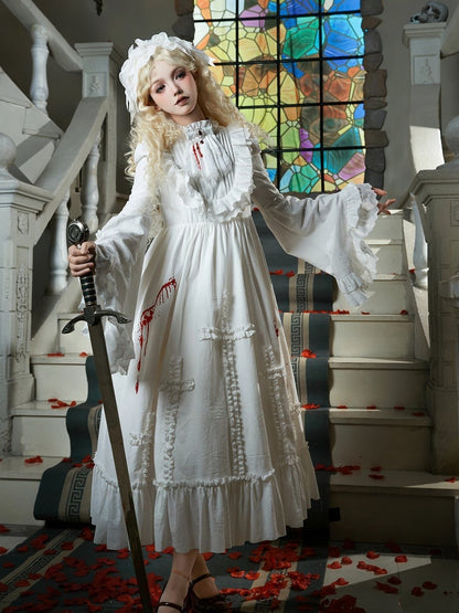 Bead Jabot Red White Lolita with Chains Gothic Brooch