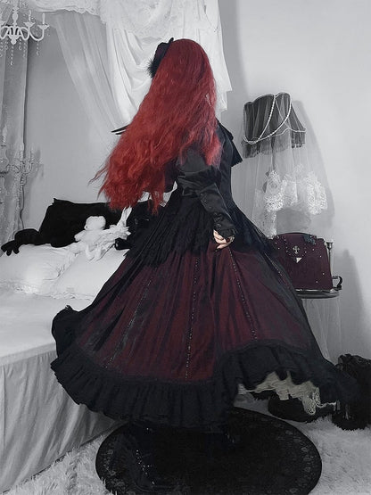 Gothic Lolita Dress+Blouse+Brooch Square Set Black Neckline Red Embroidered