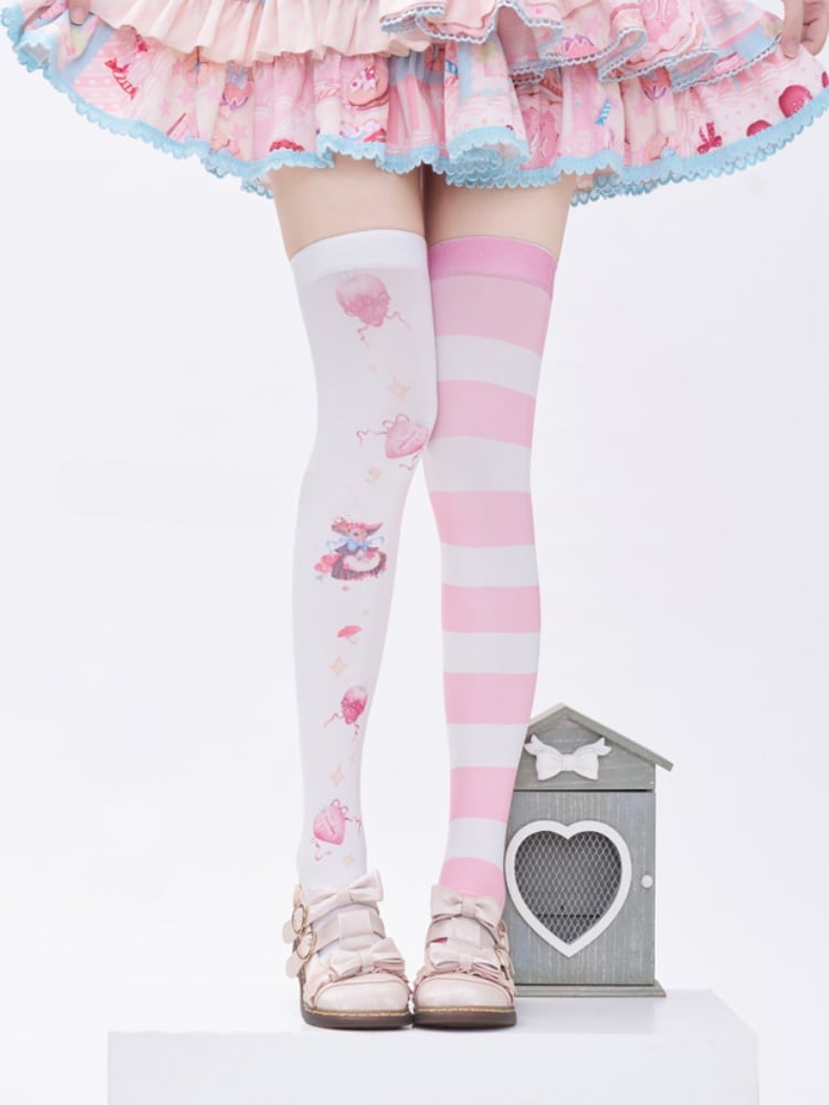White & Pink Stripes Strawberry and Bunny Print Over Knee Stockings