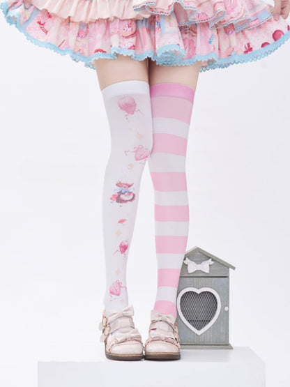 White & Pink Stripes Strawberry and Bunny Print Over Knee Stockings