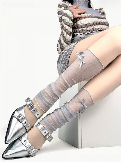 4 Warmers Leg Shimmer Design Fine Thread Bowknot Accents Colors Mesh with