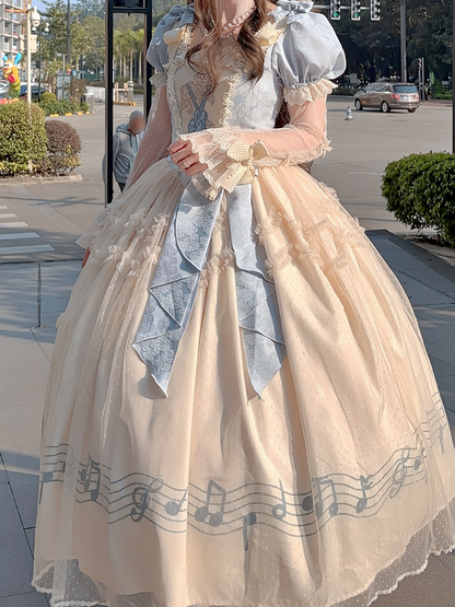 Dress Blue Version Print Lolita Elegant Note Beige Lace Violin Classic with Embroidery Long Musical