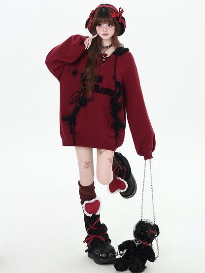 Black Letters Pattern Hooded V-neck Loose Sweater