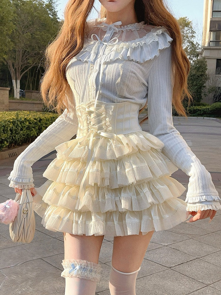 Strickcardigan Schleife Rüschen Spitze Blau Vintage