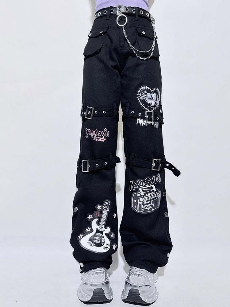 Buckle Straight-leg Punk and Black Guitar with Pants Straps Print