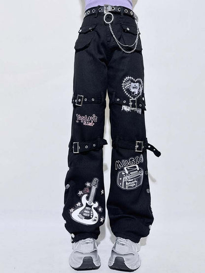 Buckle Straight-leg Punk and Black Guitar with Pants Straps Print