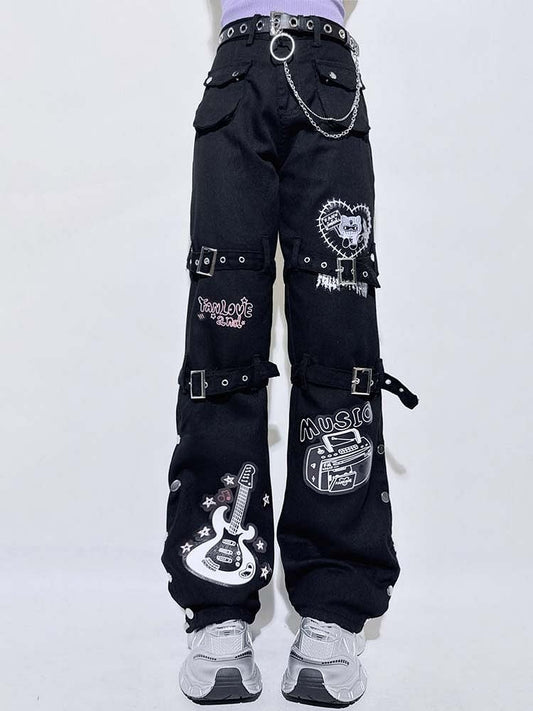 Buckle Straight-leg Punk and Black Guitar with Pants Straps Print