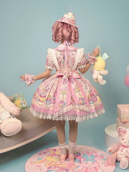 and White Collar Pan Pink Lolita Peter Bunny Cupcake Dress Print Maid