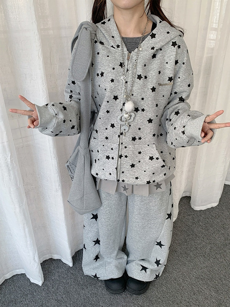 Cute White/Gray Rabbit Ear Zip-Up Hoodie with Star Print Pattern - Solkatt