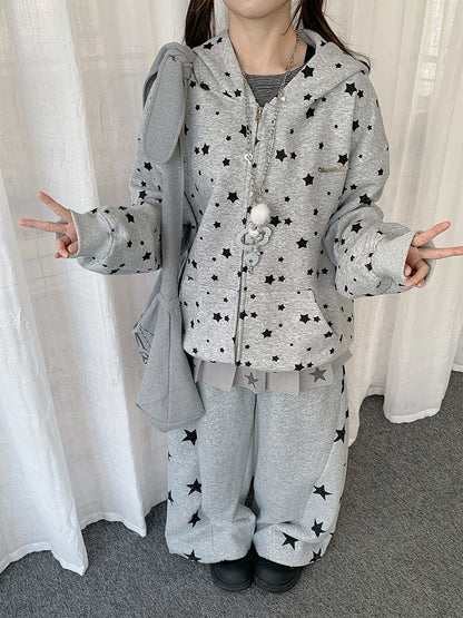 Cute White/Gray Rabbit Ear Zip-Up Hoodie with Star Print Pattern - Solkatt