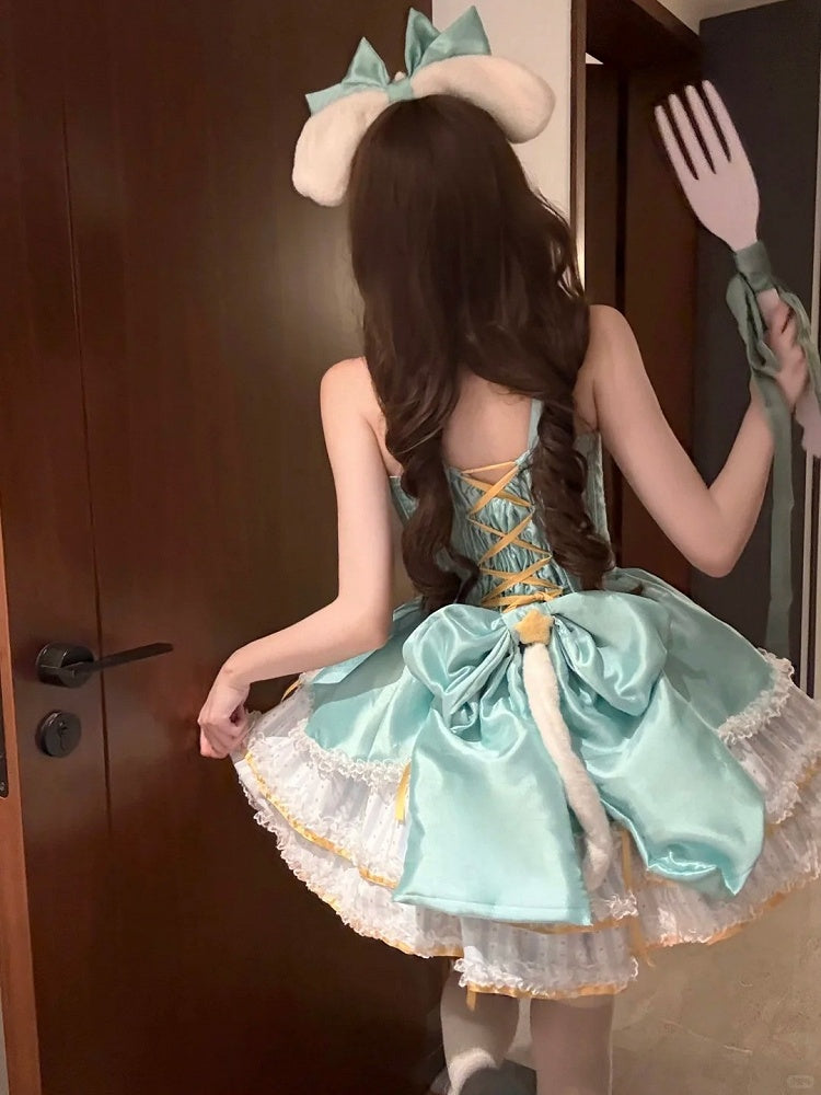 Stripe Basque and with Sweet Details Star Fluffy Accents Lolita Green Dress Waist