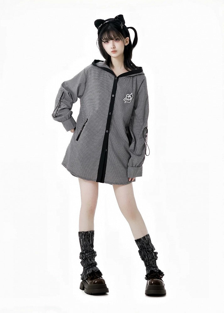 White Plaid Panda Embroidery Drawstring and Black Cuffs Hooded Top