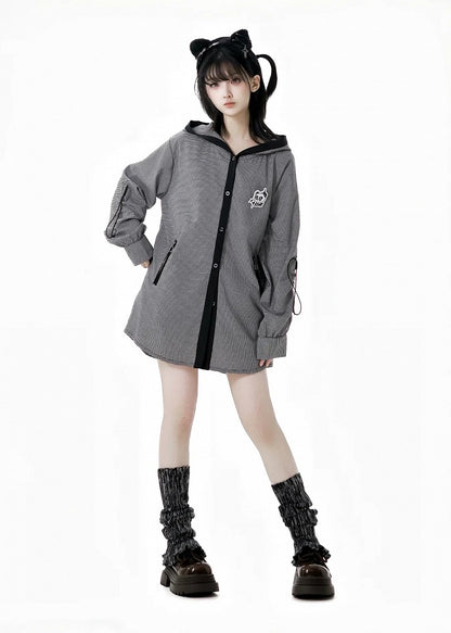 White Plaid Panda Embroidery Drawstring and Black Cuffs Hooded Top