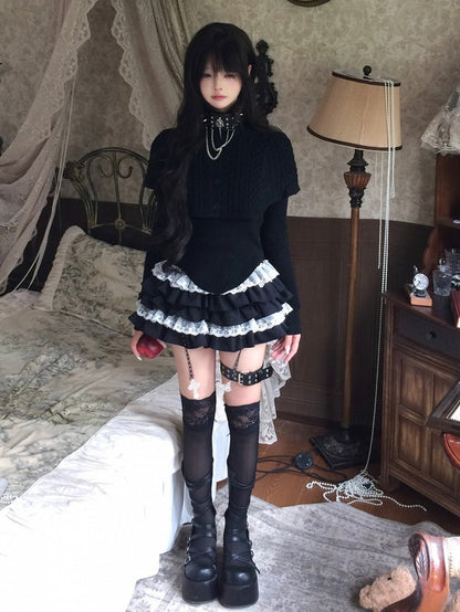 Shawl Curved Hem Sweater Button-Front Black with Detachable