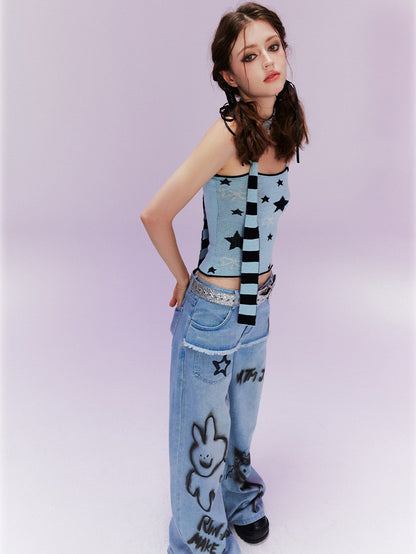 Gestreifter Schal Y2K Blaues Cami-Top mit Stern- und Schleifendruck