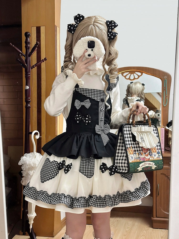 Schwarzes Gingham Lolita-Overallkleid mit süßer Schleife