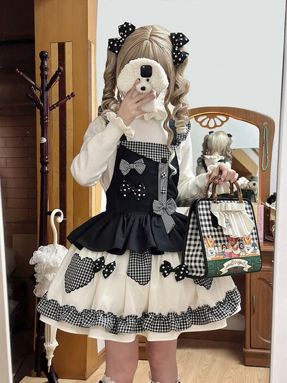 Schwarzes Gingham Lolita-Overallkleid mit süßer Schleife