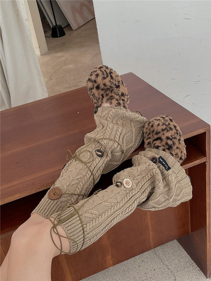 Options Knitted Decorated 4 Color Warmers Buttons Leg Lace-Up
