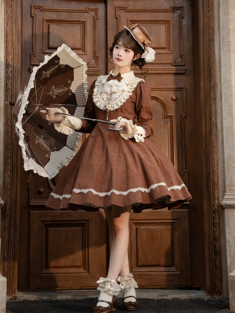 Brown Lace OP Dress with Detachable Bow - iris de nuit