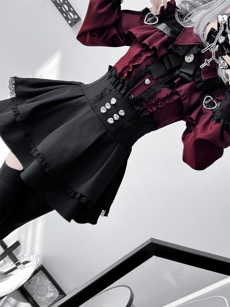 Jirai Button Blouse: Red Sweetheart Closure Wine Kei