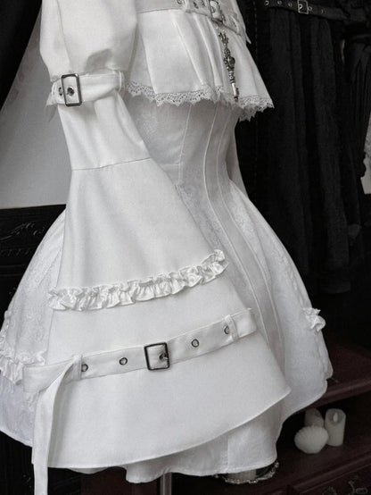 White Gothic Lolita Bell Sleeve Dress with Lace and Metal Buckle Accents - Kuroya