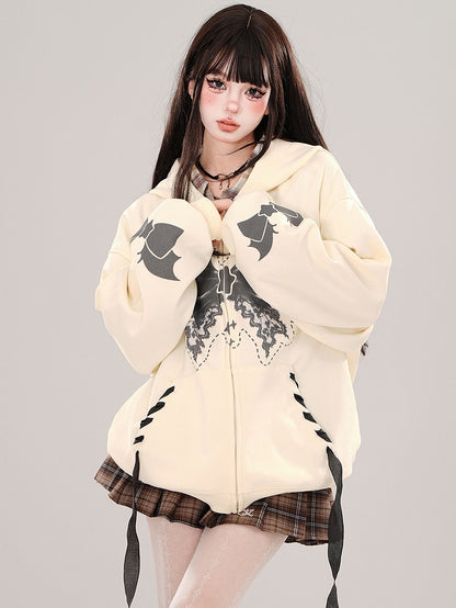 Apricot/Pink Bat Wings Bow Print Zip Hoodie