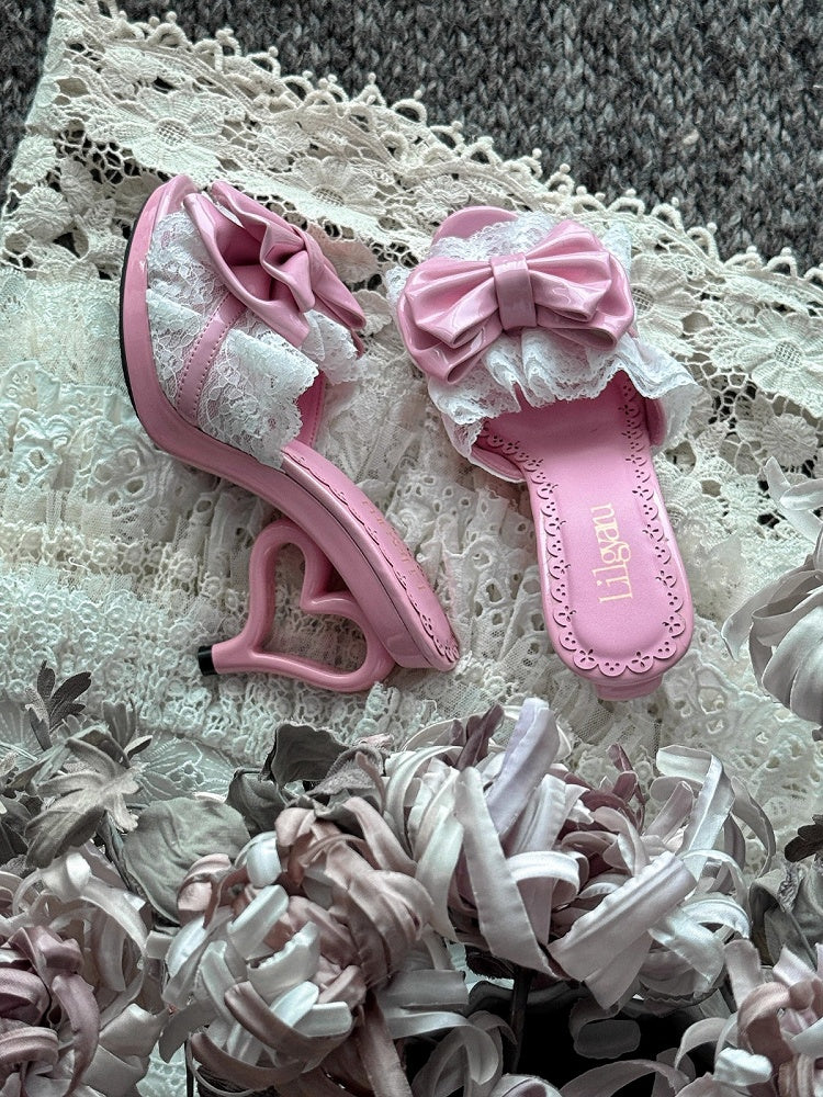 Pink Heart Shaped Heel Shoes with Bowknot Lace Details - LilGyaru
