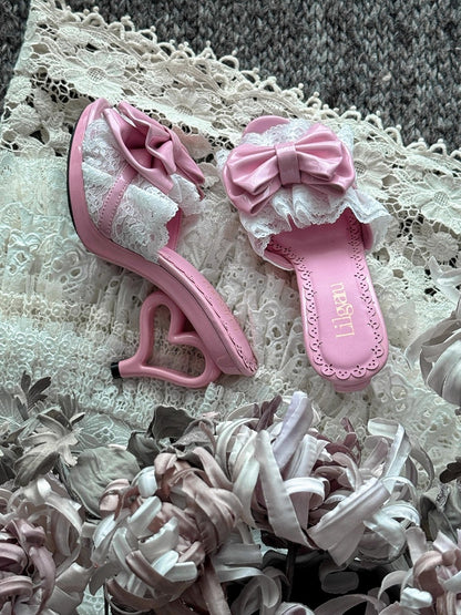 Pink Heart Shaped Heel Shoes with Bowknot Lace Details - LilGyaru