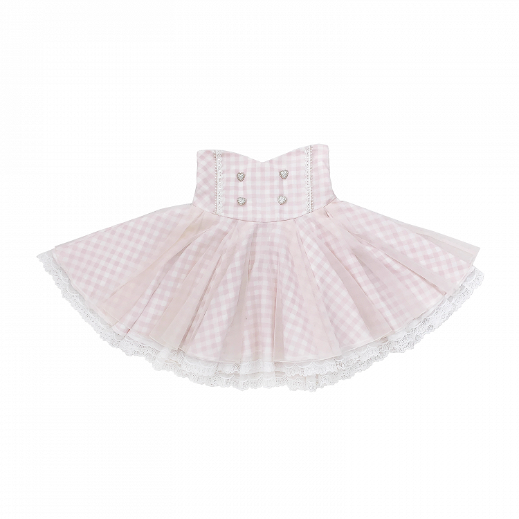 Weißer Spitzenrock mit Karomuster und hoher Taille und rosa Besatz