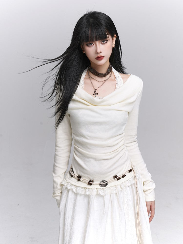 Halter Two-Piece Apricot with Lace Trim Light Faux Gothic Off-shoulder Top