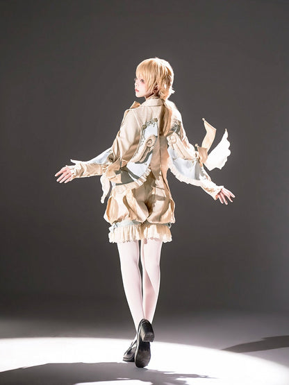 Bishop Sleeve Ouji Shirt and Striped Shorts Set with Angel Wing Collar - Unknown Star