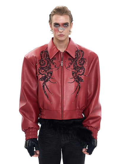 Jacket Red for Men Studded Details with in Punk PU