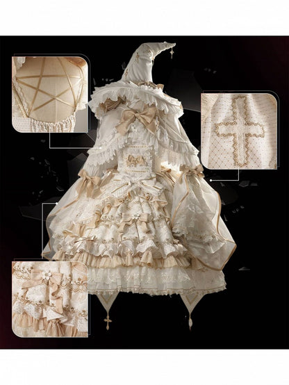 Witch-Themed Cross Accent Lolita JSK Full Ensemble in White and Gold with Oversized Bow Train, Cape, Detachable Sleeves, Hat and Outer Sleeves - Felinae Cookie