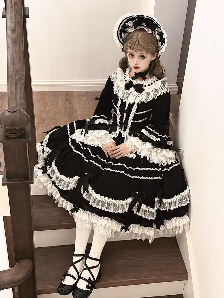 Sleeves Bell White Bow Decorations Black Lolita and Dress Hime Lace with Trims
