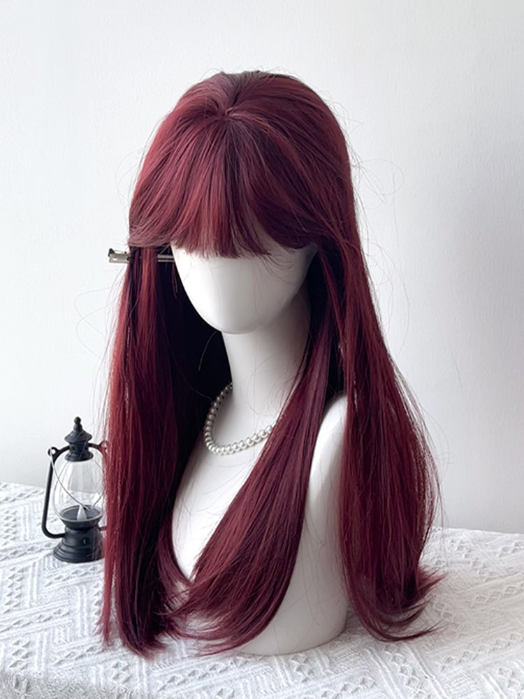 Full Long 65CM Straight with Bangs Burgundy Wig