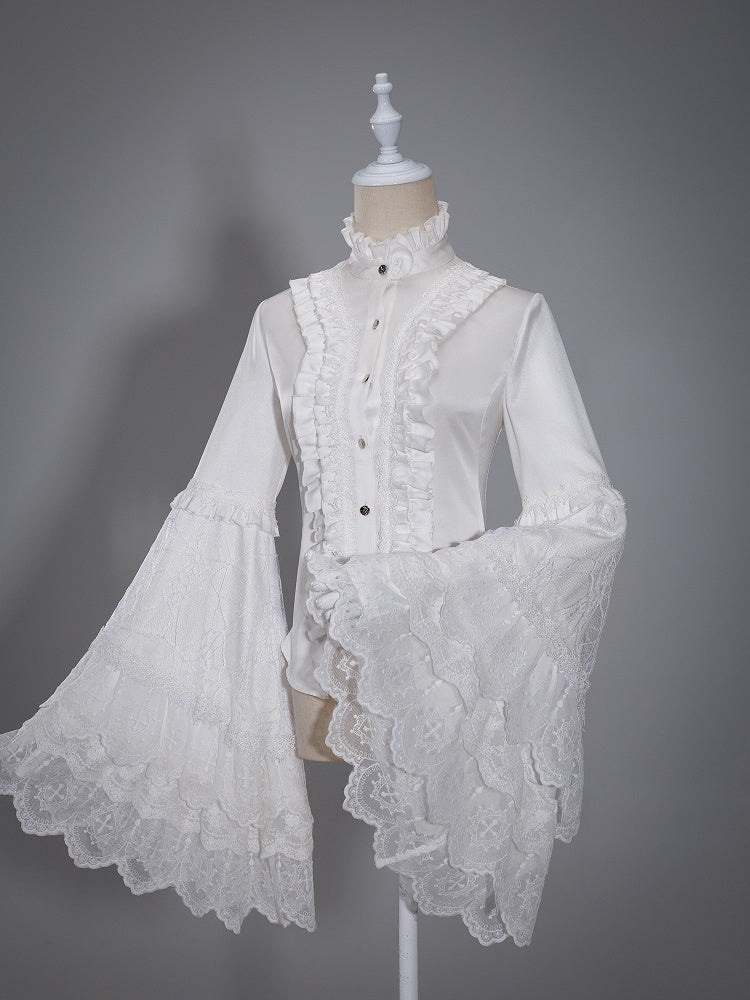 White Bell-Sleeve Shirt with Lace Patched Flounce Neck - DevilInspired Exclusive Collection