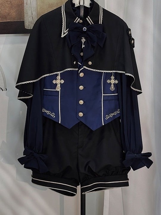4-Piece Ouji Lolita Ensemble Blue & Black Vest Blouse Shorts Set - Castle Too